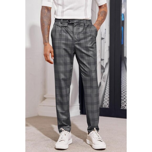 🆕 Men Grey Slim Fit Pants Flat Front Stretch Skinny Tapered Casual Trousers - Picture 2 of 6